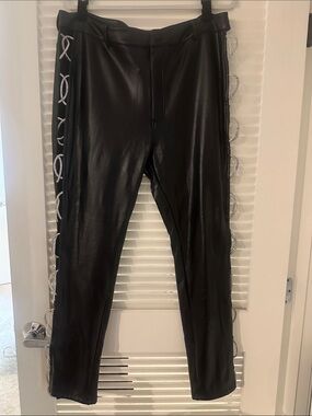 Black Faux Leather Woman's Pants with Decorative Silver Trim--small marks